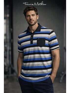 TravisMathew Polo Shirt Mens L Blue Gray Stripe Short Sleeve Casual Golf